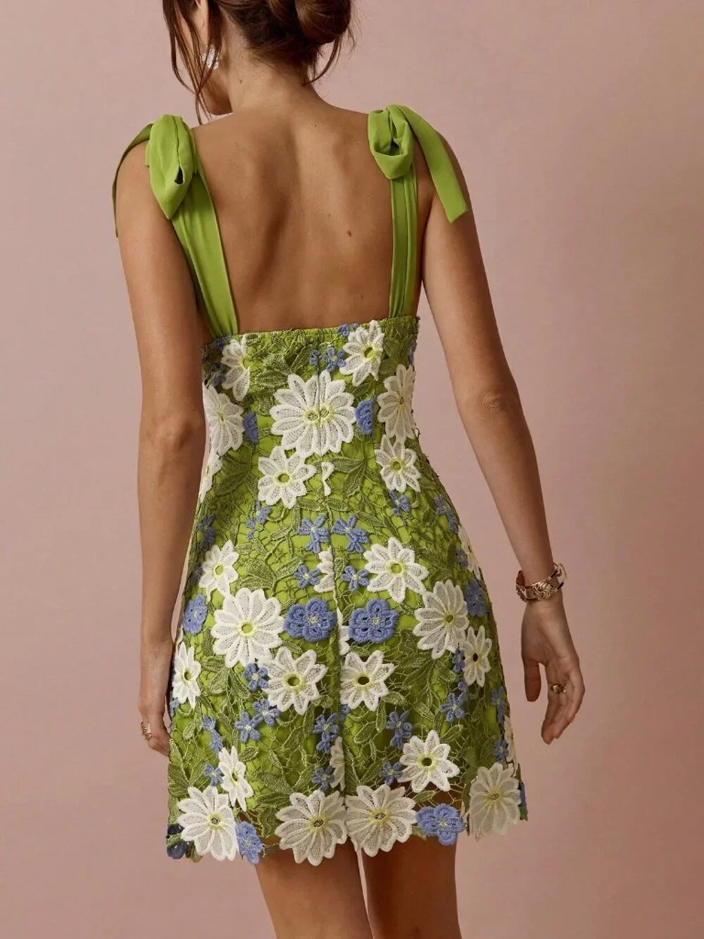 Green Boho Women's Embroidered Lace Mini Dress